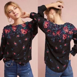 Anthropologie Maeve Black Floral Print Blouse Button Detail Sleeves size M